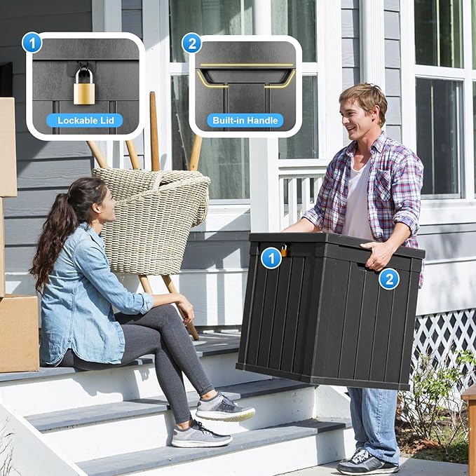 51 Gallon Resin Deck Box, Lockable Patio Outdoor Storage Box for Furniture, Garden Tools and Tools Storage, Waterproof Outside Storage Boxes - Black-Ruum Studio Home