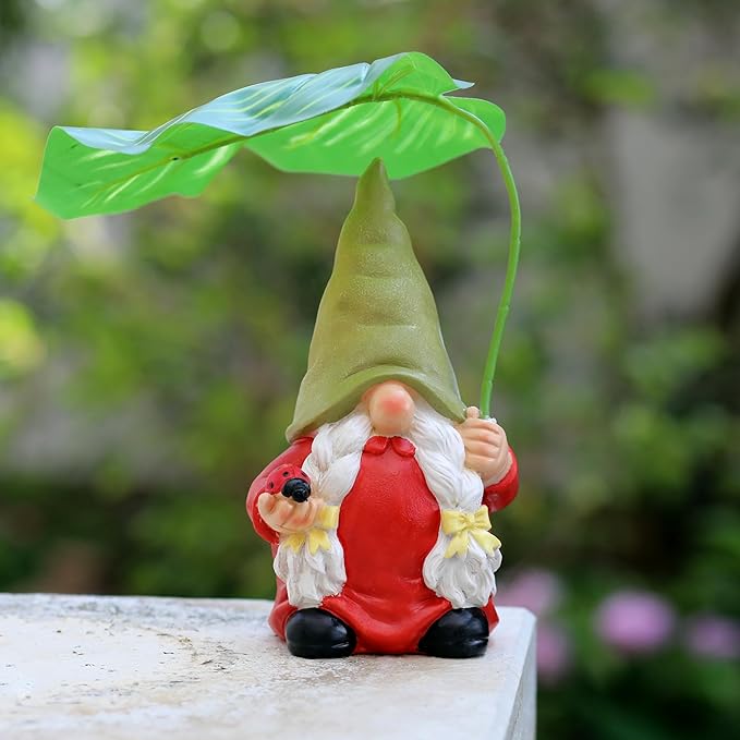 Garden Female Gnome Statue Decoration with Leaf Umbrella, 7.5” Figurine Ornament for Indoor Outdoor Home Patio Yard Lawn, for Gnome Lovers & Garden Enthusiasts，Mom，Women-Ruum Studio Home