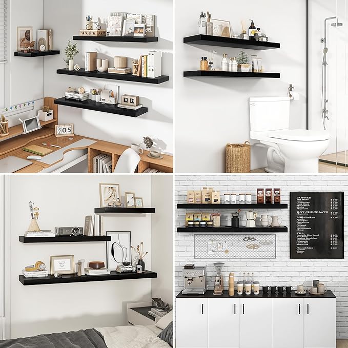 RICHFOCUS 40Inch Floating Shelves for Wall 2 Pack Shelves for Bedroom|Kitchen|Bathroom Wall Mounted Rustic Wood Floating Shelf with Invisible Brackets for Books|Storage|Decor, Black-Ruum Studio Home