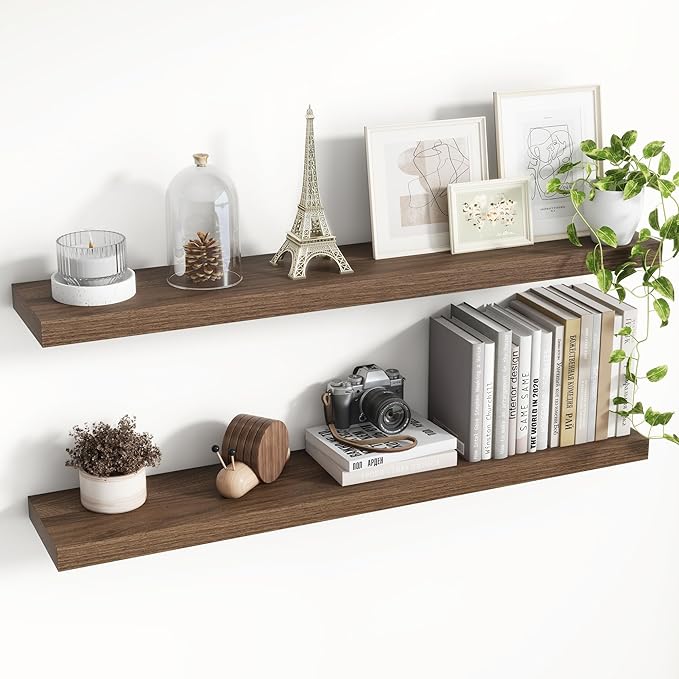 40 Inch Floating Shelves, 8 Inch Deep Floating Shelves for Wall, Hanging Shelf with Invisible Brackets, Deep Shelves for Bathroom, Bedroom, Living Room, Walnut, Set of 2-Ruum Studio Home