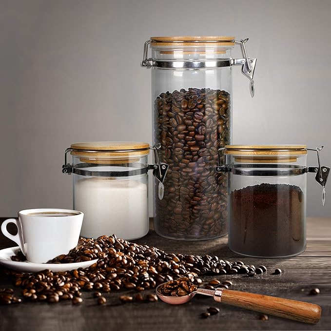 Urban Green Borosilicate Glass Storage Jars with Airtight Locking Clamp Lids, Airtight Canister Set，Coffee Set of 3 with Spoon (50oz, 24oz, 18oz), Storage Containers with Bamboo Lid-Ruum Studio Home