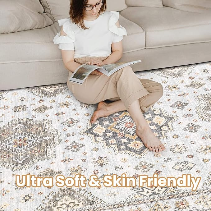 Washable Area Rugs for Living Room -9x12 Neutral Vintage Distressed Floral Farmhouse Boho Large Soft Floor Rug Indoor Non Slip Carpet for Living Room Bedroom Dining Room Office - Blue Brown-Ruum Studio Home