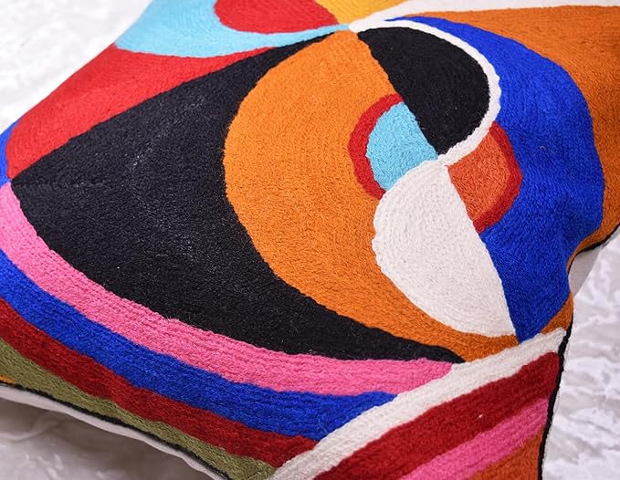 Delaunay Decorative Pillow Cover Joy Modern Couch Pillowcase Contemporary Couch Cushion Abstract Farmhouse Chair Pillowsham Hand Embroidered Wool Size 18x18-Ruum Studio Home