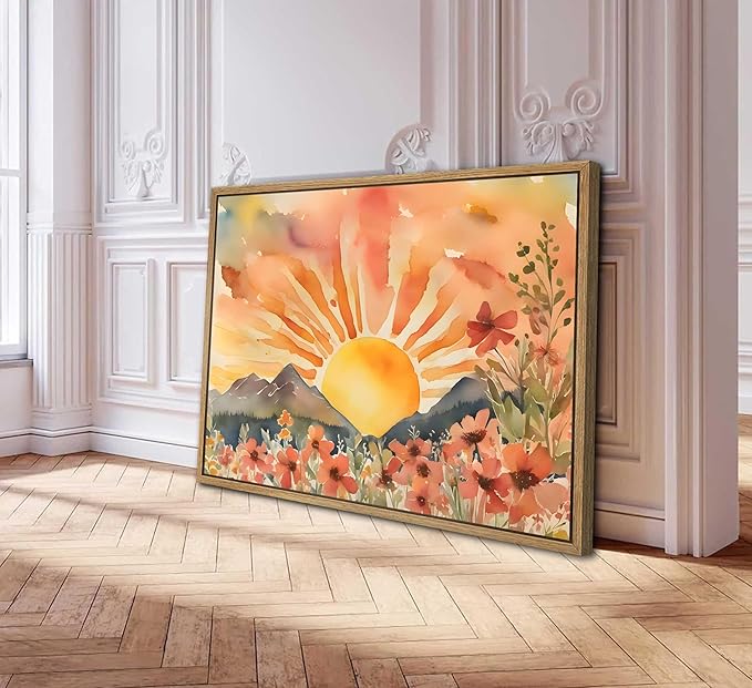 Framed Boho Sun Canvas Wall art Mid-Century Modern Abstract Bohemian Sunset in The Mountains Watercolor Wildflowers Sunrise Landscape Picture Wall Decor Poster Print Artwork for Living Room-Ruum Studio Home