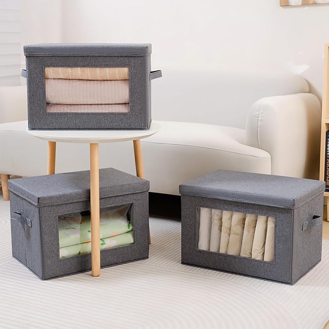 Citylife 3-Pack Collapsible Storage Bins with Lids, Linen Fabric Foldable Storage Boxes, Cube Closet Organization for Clothes, Blankets and Books, Gray-Ruum Studio Home