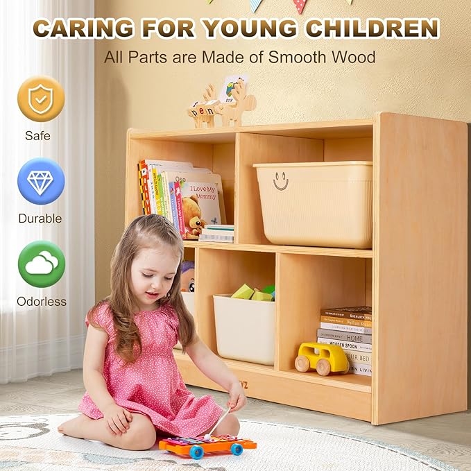 wingyz Wood Storage Shelf Organizer, 35.4" L, 5-Section Montessori Kids Toy & Book Shelf, Wooden Cabinet for Kids Rooms, Playroom, Classroom, Nursery, Preschool Furniture - Nature-Ruum Studio Home