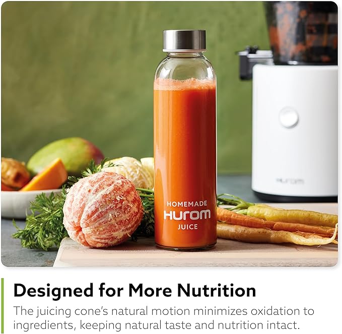 Hurom H320 Cold Press Juicer Machine, Easy to Clean Masticating Slow Juicer, Coarse Strainers, Self-Feeding, Hands Free, Family Size, Quiet Motor, Easy Assembly (White)-Ruum Studio Home