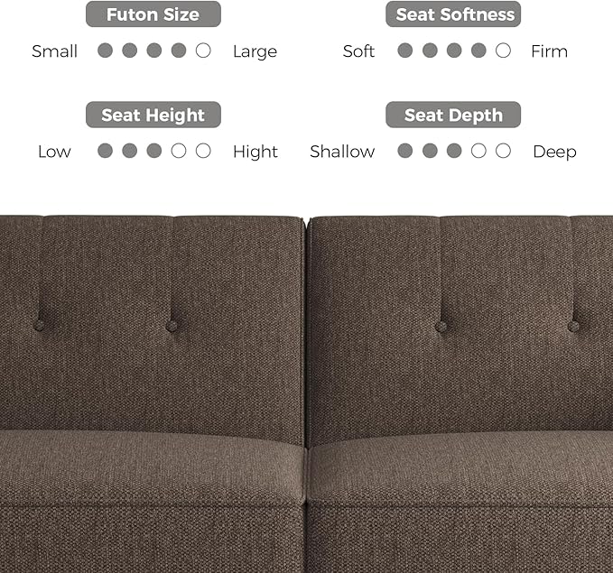 89” Futon Sofa Bed, Linen Comfy Futon Couch Bed with 2 Square Pillows, Convertible Sleeper Sofa with Adjustable Backrest& Armrests, Modern Loveseat Sleeper for Living Room, Bedroom, Brown-Ruum Studio Home