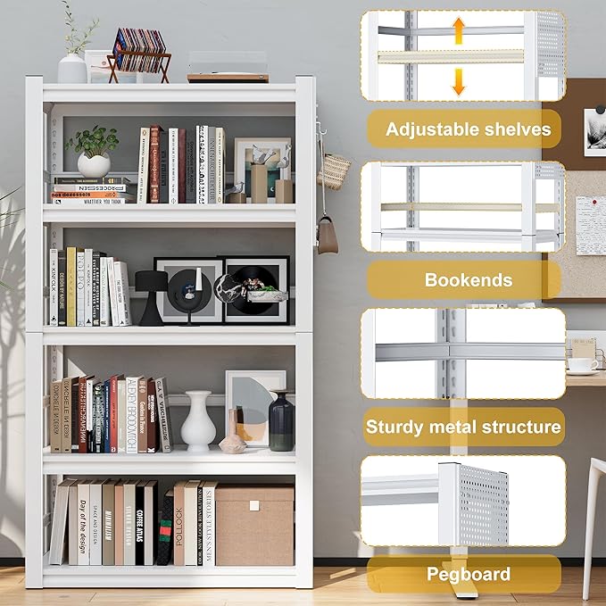 Book Shelf, 5 Tier Bookshelf, Industrial Bookcase Modern Bookshelves for Book/CD/Movie, Metal Shelving Unit for Living Room Home Office Kitchen, White-Ruum Studio Home