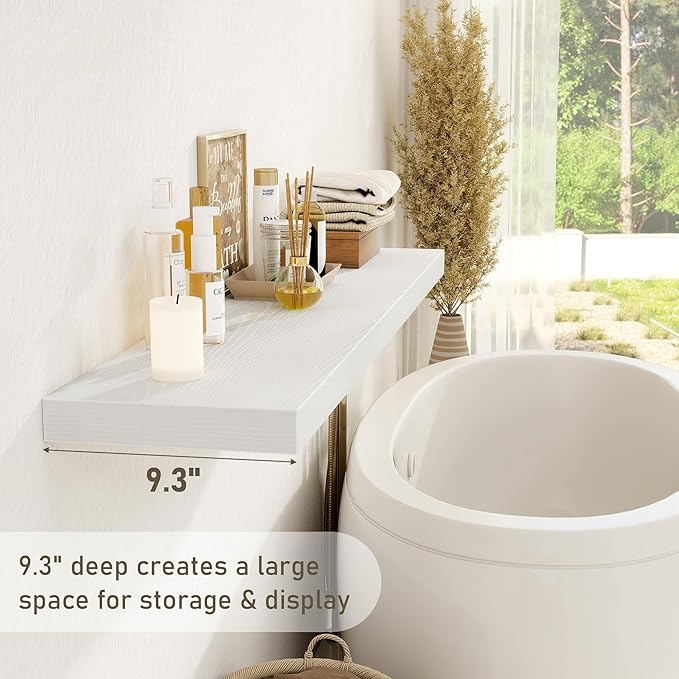 White Floating Shelves Wall Shelf 48 Inch, 8 Inch Deep Floating Shelf for Wall, Farmhouse Black Wood Shelves Invisible Bracket for Living Room, Bedroom, Kitchen, 48 x 9.3 x 1.4 Inch, Set of 2-Ruum Studio Home