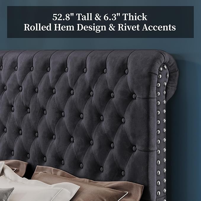 PaPaJet Bed Frame Queen Size Upholstered Platform Bed with 52.8'' Tall Sleigh Headboard, Button Tufted, No Box Spring Needed, Easy Assembly, Dark Grey-Ruum Studio Home