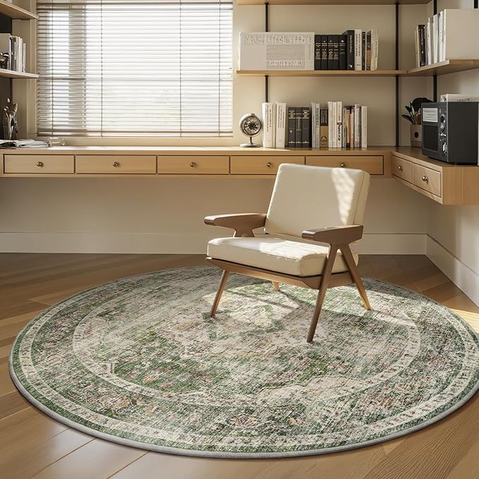 AMOAMI-6FT Round Rug-Rugs for Living Room-Vintage Soft Olive Green Rugs for Bedroom-Non Slip Circle Rug-Machine Washable Rug for Dining Room Living Room Bedroom Office Under Table-Ruum Studio Home