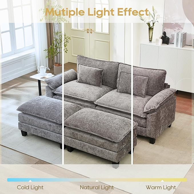 URRED Modular Sectional Sofa Comfy Cloud Couch, Modern Chenille Sofa Sleeper Deep Seat Couches with Ottoman/Pillows for Living Room (Gray, 82.6''- 2 Ottomans)-Ruum Studio Home