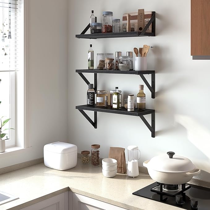 Heimlove Floating Shelves for Wall, 16 Inch Long Wood Floating Shelves Set of 3, Wall Mounted Hanging Shelf for Bathroom Bedroom Kitchen, Black-Ruum Studio Home