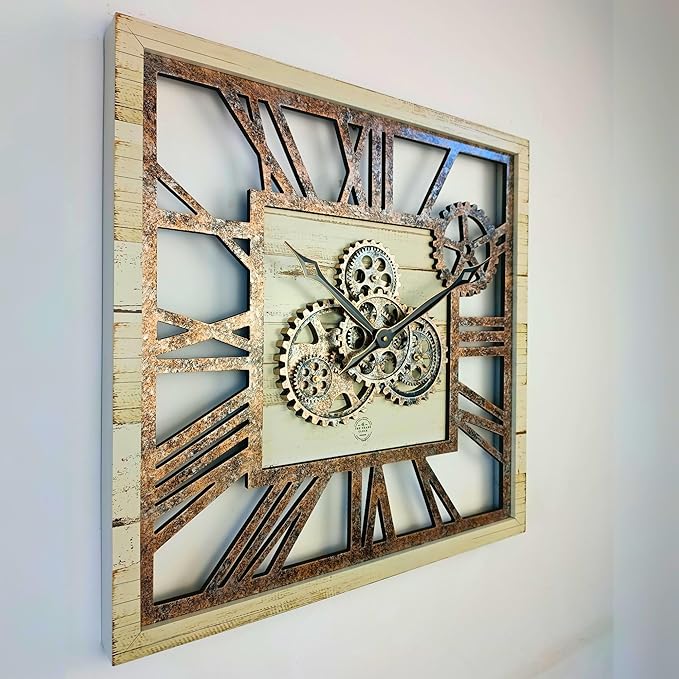 The Gears Clock 24'' Inch Square Real Moving Gear Wall Clock Vintage Industrial Oversized Rustic Farmhouse (Desert Beige)-Ruum Studio Home