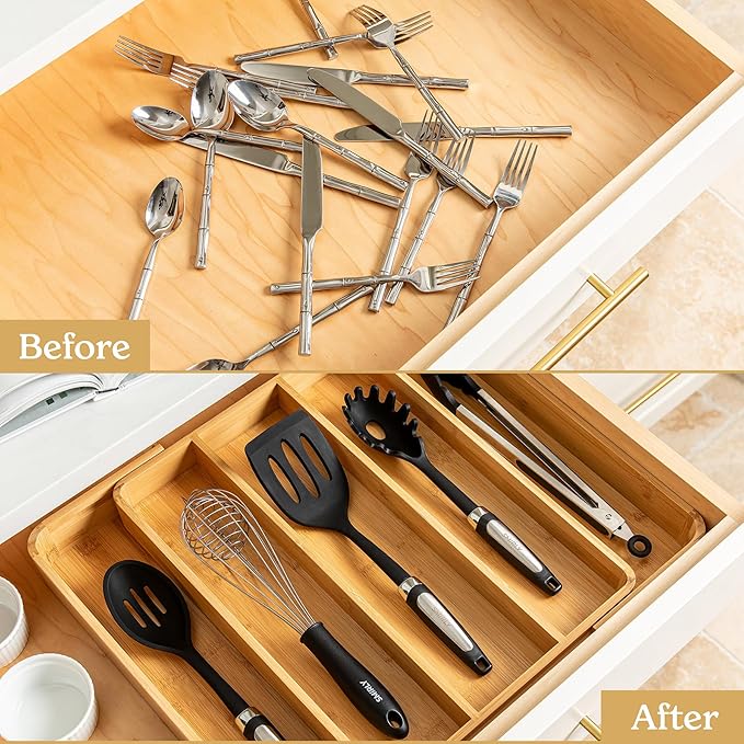 SMIRLY Silverware Drawer Organizer – Bamboo Kitchen Drawer Organizer, Adjustable Utensil Holder and Cutlery Tray, Drawer Dividers for Flatware and Kitchen Utensils-Ruum Studio Home