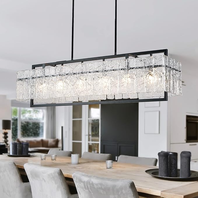 IKK Modern Rectangle Black Crystal Chandeliers for Dining Room, 42" Large Rectangular Water Ripple Glass Island Light Fixture, Linear Farmhouse Lighting for Kitchen Island, Living Room, L42xW11xH12-Ruum Studio Home