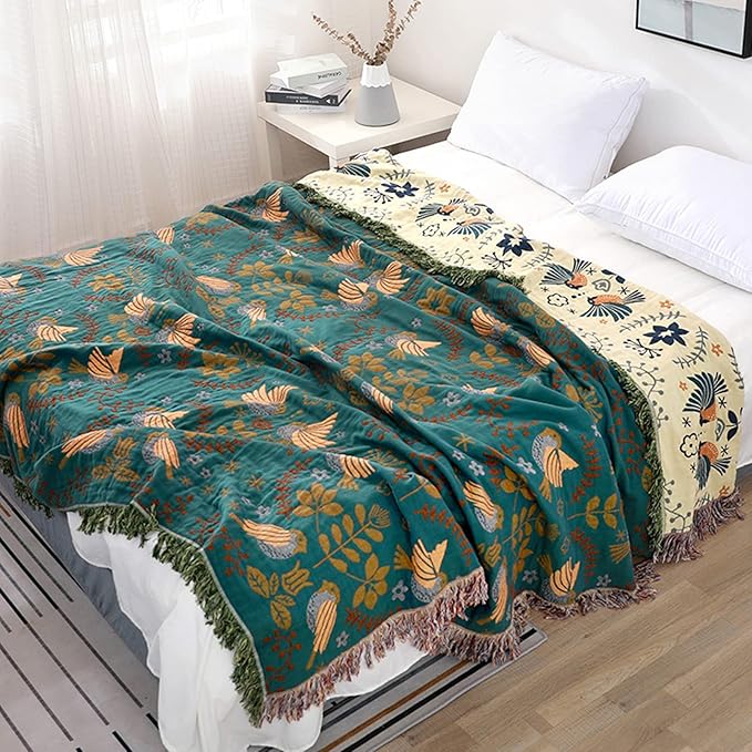 Boho Throw Blanket for Bed Couch 100% Cotton Woven Bed Throws for All Season Lightweight and Soft Cozy Farmhouse Reversible Muslin Decorative Blanket for Travel Picnic, Teal/Cream, 91''x98''-Ruum Studio Home
