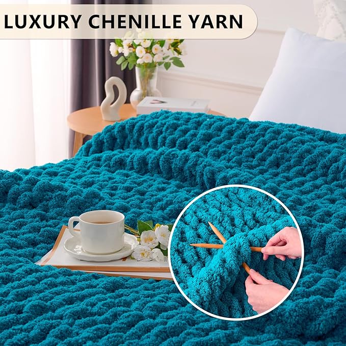L'AGRATY Chunky Knit Blanket Throw: 50''x60'' Chenille Chunky Knitted Throw Blanket for Bed Couch - Handmade Thick Big Cable Knit Blanket - Large Crochet Rope Blanket for Home Decor(Teal)-Ruum Studio Home