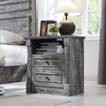 26" Tall Farmhouse Nightstand, 2 Drawers End Table w/Charging Station, 23.6" Wide Large Side Table w/Roman Column, Wood Rustic Sofa Table w/Open Shelf, Bedside Table for Bedroom, Light Gray-Ruum Studio Home