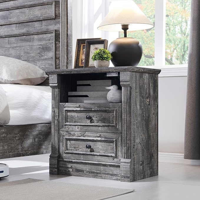 26" Tall Farmhouse Nightstand, 2 Drawers End Table w/Charging Station, 23.6" Wide Large Side Table w/Roman Column, Wood Rustic Sofa Table w/Open Shelf, Bedside Table for Bedroom, Light Gray-Ruum Studio Home