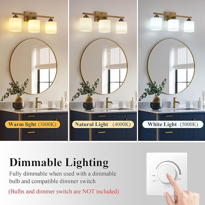 Stainless Steel Milk Glass Vanity Lights for Bathroom, 3 Light Brass Bathroom Light Fixtures Over Mirror, Ceramic E26 Sockets Wall Mounted-Ruum Studio Home