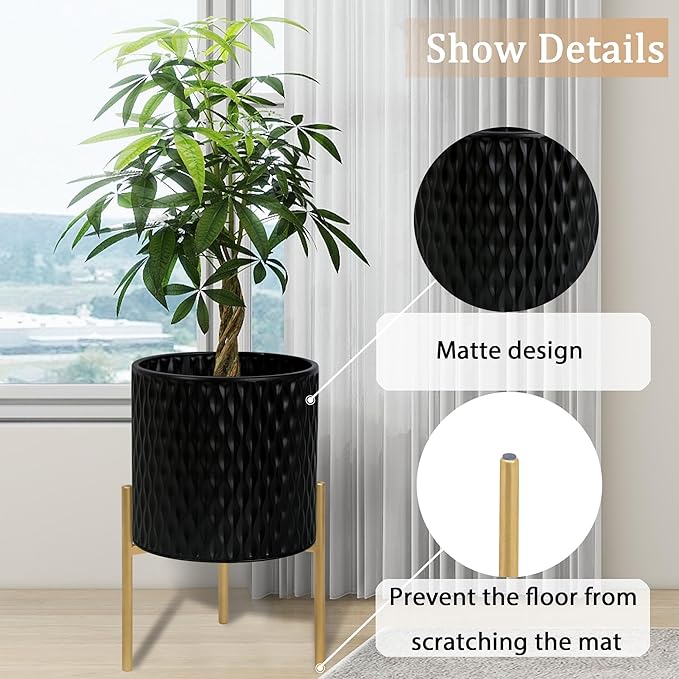 ARNIS Plants Pots with Stand, Set of 2 Planters, Unique Mid Century Decorative Metal Flower Pots with Drainage, 8.25 & 10.5 Inch, Black-Ruum Studio Home
