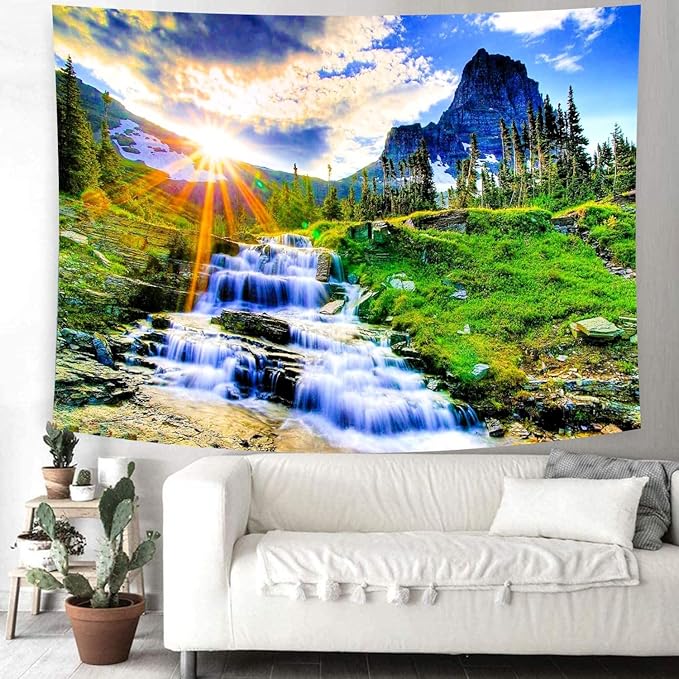 Delur Mountain Waterfall Tapestry Sunset Forest Tree Nature Landscape Tapestry Wall Hanging Tropical Sunrise Rainforest Psychedelic Scenic Headboard for Bedroom Living Room Home Decor (59.1" x 78.7")-Ruum Studio Home