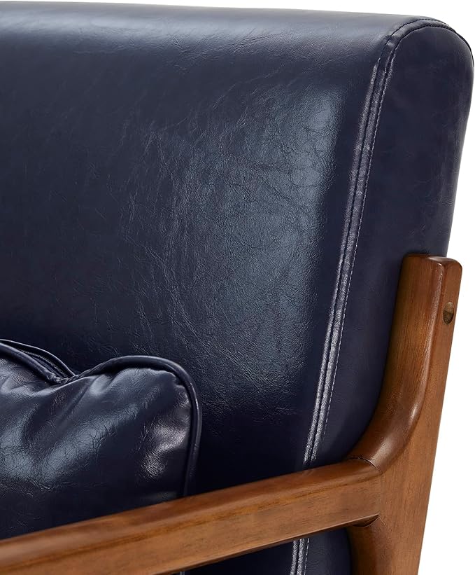 Glitzhome 2 Set Mid Century Navy Blue Accent Armchair, Single Reading Armchair PU Leather Lounge Chair with Walnut Ruberwood Frame-Ruum Studio Home