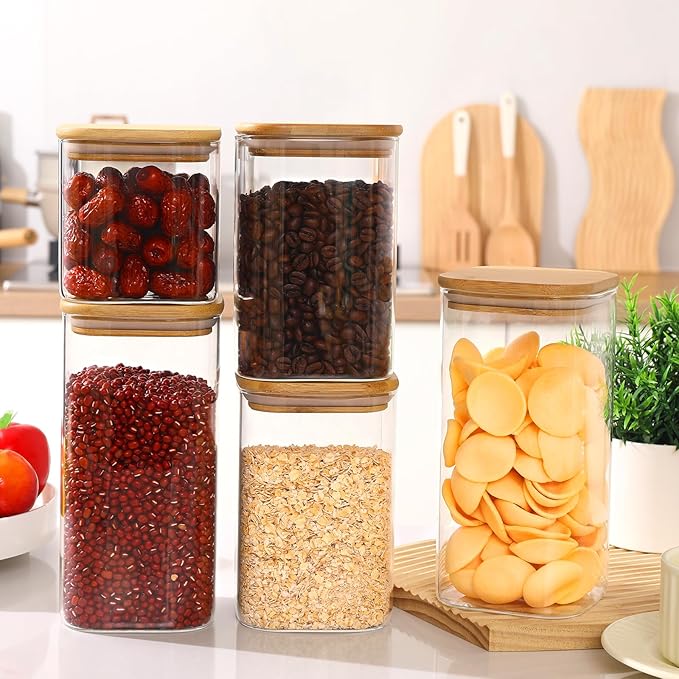 Glass Food Storage Jars with Lids(24oz/37oz/50oz)Square Set of 6 ,Glass Storage Containers Clear Glass Food Canister with Bamboo Lid Airtight For Serving Tea, Coffee Beans, Candy,Spice and More-Ruum Studio Home