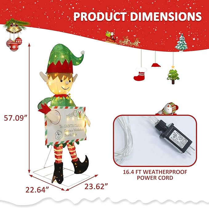 4.8FT Lighted Elf with Envelope Outdoor Christmas Decoration, 3D Pre-Lit Elf Decor with 100 LED Lights for Christmas, Freestanding Glittered Holiday Display for Outdoor, Indoor-Ruum Studio Home