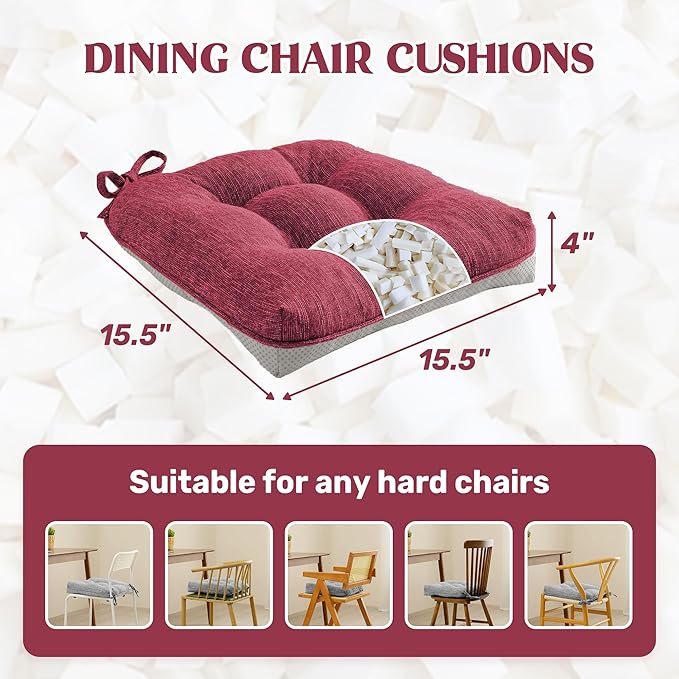 puredown® Chair Cushions for Dining Chairs, Tufted Memory Foam Chair Pads with Non-Slip Backing, Kitchen Seat Cushions with Ties, Washable Pads Set of 4, 15.5" x 15.5" x 4", Wine-Ruum Studio Home