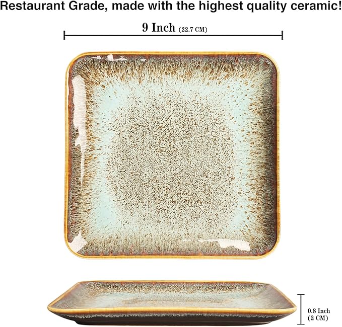 Ceramic Dinner Plates Dish Set,Set of 4,for Lunch snacks -Microwave Oven & Dishwasher Safe,Scratch Resistant,Dinnerware Kitchen Porcelain Serving Dishes,9 inch Square-Ruum Studio Home