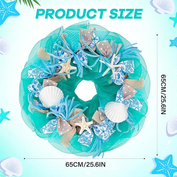 26 Inch Coastal Seashell Large Wreath with Natural Starfish & Scallops Shell, Lake Blue Beach Style Front Door Wreath with for Spring Summer, Farmhouse Rustic Indoor Outdoor Home Wall Wedding Decor-Ruum Studio Home