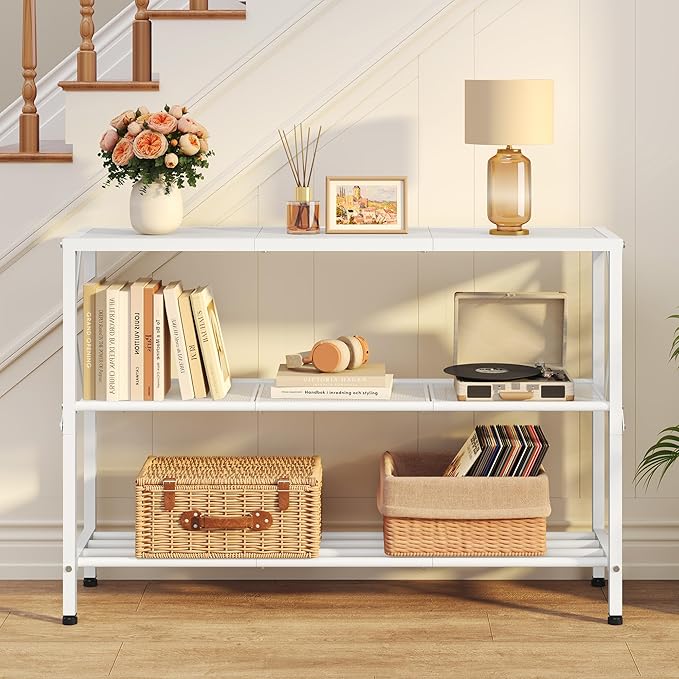 Hoctieon White Industrial Console Table, 3 Tier Entryway Tables, Hallway Desk, Narrow Sofa Tables with Shelves, Entrance Table for Entryway, Living Room, Foyer, Hallway, Office, White-Ruum Studio Home