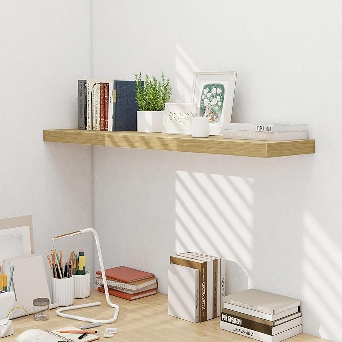 Fun Memories 48 Inch Floating Shelves for Wall - 10 Inch Deep Fireplace Mantel Shelf - Wood Floating Shelves for Wall - Large Storage Shelves Wall Mount for Living Room & Bedroom - Oak - Set of 1-Ruum Studio Home
