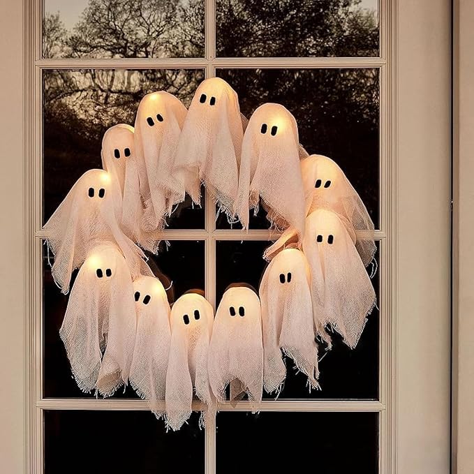 Halloween Ghost Wreath, 12 LED Light-Up White Ghost Garland, Spooky Indoor & Outdoor Hanging Decoration for Front Door, Wall, Party, Battery-Powered Halloween Decor, Holiday Spooky Garland A-Ruum Studio Home