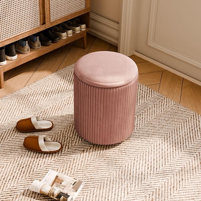 Ottoman with Storage Set of 2, Velvet Storage Ottoman, Upholstered Sponge Vanity Stool Support 300lbs, Multifunctional Coffee Table Foot Rest Ottomans for Living Room Bedroom, Pink-Ruum Studio Home