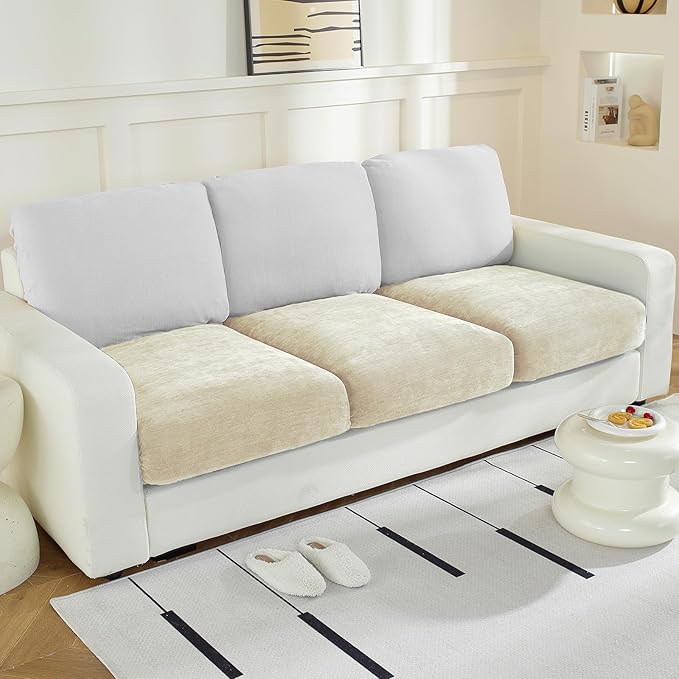 Individual Couch Cushion Covers, Stretch Sectional Couch Covers for L Shaped Sofa, Softer Chenille Sofa Covers for 3 Couch Cushions, Non-Slip Seat Slipcover Protector (3 Piece, Beige)-Ruum Studio Home