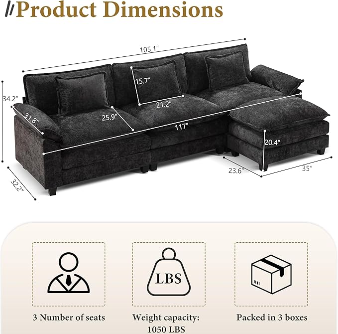 URRED Modular Sectional Sofa Comfy Cloud Couch, Modern Chenille Sofa Sleeper Deep Seat Couches with Ottoman/Pillows for Living Room (Black, 117''- L Shape)-Ruum Studio Home