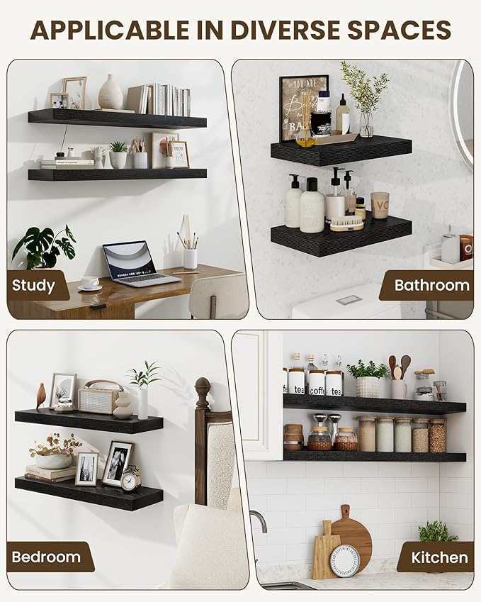 Marsmiles 31.5" Floating Shelves for Wall, Wooden Shelves with Invisible Brackets Set of 2, Rustic Farmhouse Wall Mounted Shelf for Kitchen Bathroom Living Room Study, Black-Ruum Studio Home