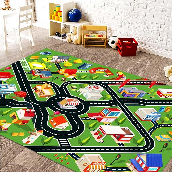 Kids Rug Car Rugs for Kids Toy Cars Play Mat with Rubber Backing City Life Road Rug for Cars Fun City Map for Carpet for Bedroom Boys (RED-Rug, 5.2x7.9ft)-Ruum Studio Home