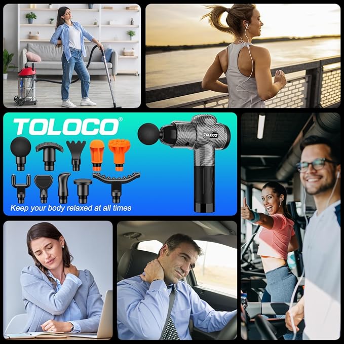 TOLOCO Massage Gun, Deep Tissue Back Massage for Athletes for Pain Relief, Percussion Massager with 10 Massages Heads & Silent Brushless Motor, Carbon-Ruum Studio Home
