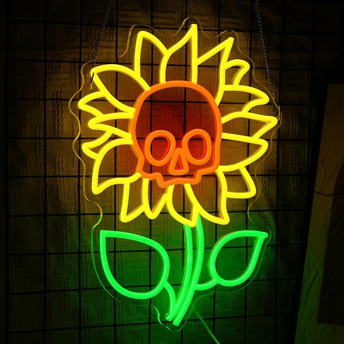 Sunflower Skull Neon Sign Wall Decor USB Powered Skeleton Head Halloween Neon Light Sign Dimmable Funny Halloween Day LED Sign for Trick or Treat Party Backdrop Bedroom Bar Man Cave-Ruum Studio Home