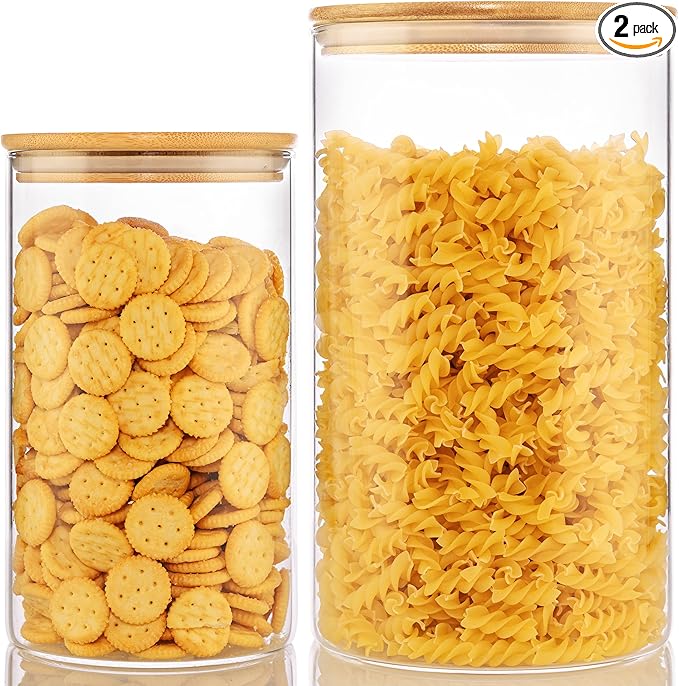 Extra Large Glass Flour and Sugar Storage Containers with Airtight Lid,132 floz x1 & 65 floz x1 [Set of 2] Big Glass Jars with Bamboo Lids, Air Tight Food Jar for Cereal, Pasta, Rice, Coffee-Ruum Studio Home