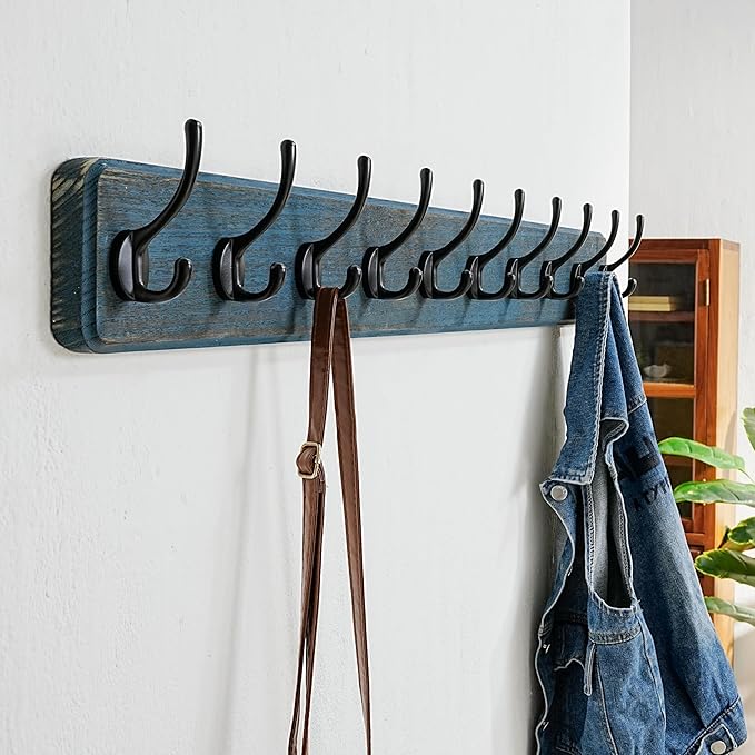 Dseap Coat Rack Wall: 38-1/4" Long, Patented, Heavy-Duty, 10-Double-Hooks Wooden Wall Mounted Coat Rack Coat Hanger Hook Rail for Winter Coats Hat Jacket Clothing, Weathered Blue-Ruum Studio Home