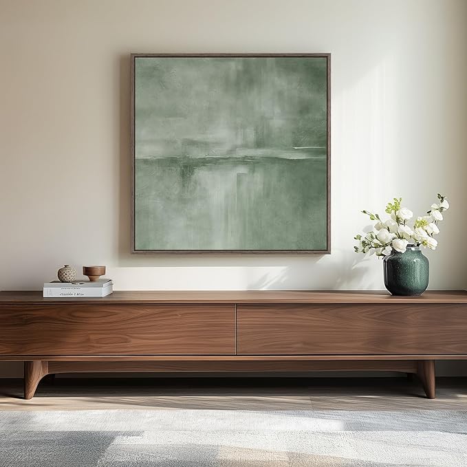 Framed Sage Green Abstract Wall Art, Modern Canvas Prints Artwork for Walls, Square Minimalist All Green Abstract Pictures for Living Room, Hallway, Fireplace, Bedroom, Home Office Wall Decor 30x30 In-Ruum Studio Home