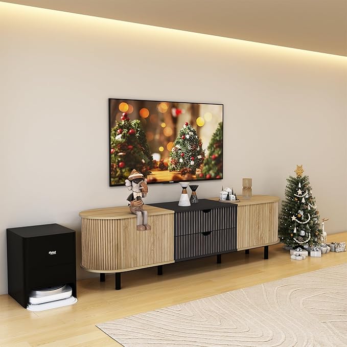 71" Tambour Door TV Stand,Wood Mid Century Modern TV Cabinet for Up to 85“ TV,Curved Edge Long TV Stand with Storage for Bedroom Living Room(Natural, 71inch)-Ruum Studio Home