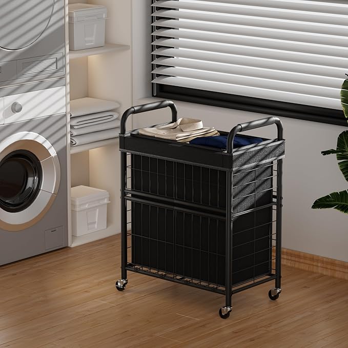 Laundry Hamper 2 Section, 110L Rolling Laundry Sorter Basket with Wheels, 2 Compartment Clothes Organizer Cart, Pull-Out Removable Bags for Laundry Room, Bathroom, Bedroom, Black-Ruum Studio Home