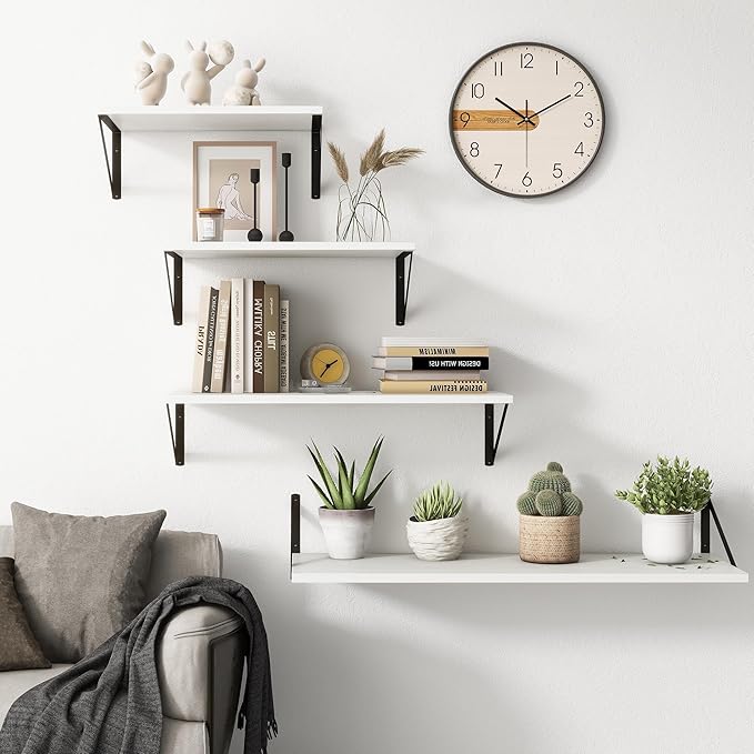 Fun Memories 27.5" W x10 D Floating Shelves, White Wall Shelf with Brackets, 10 Inch Deep Floating Shelf Set of 2, Large Storage Kitchen Living Room Bathroom Shelves, Wood Wall Mounted Shelf-Ruum Studio Home